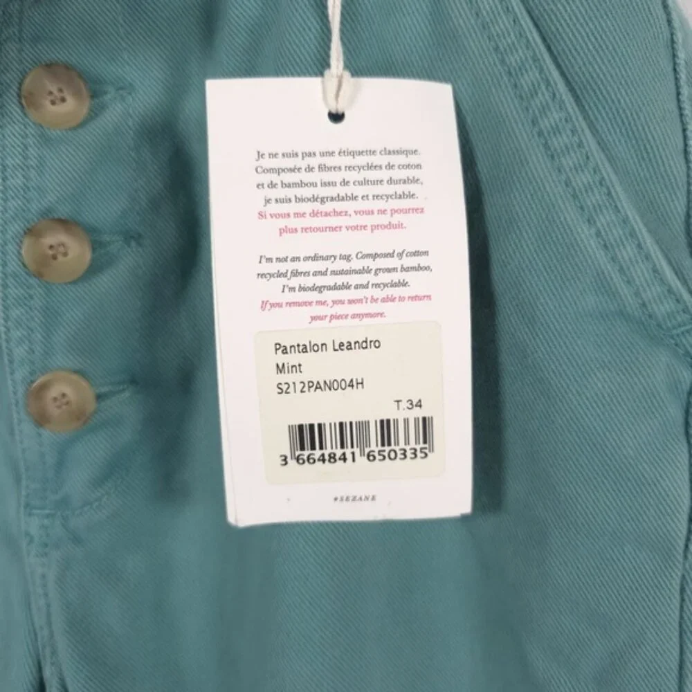 NWT SÉZANE LEANDRO MINT Denim Trousers Button Fly‎ Belted S212PAN004H Size 34